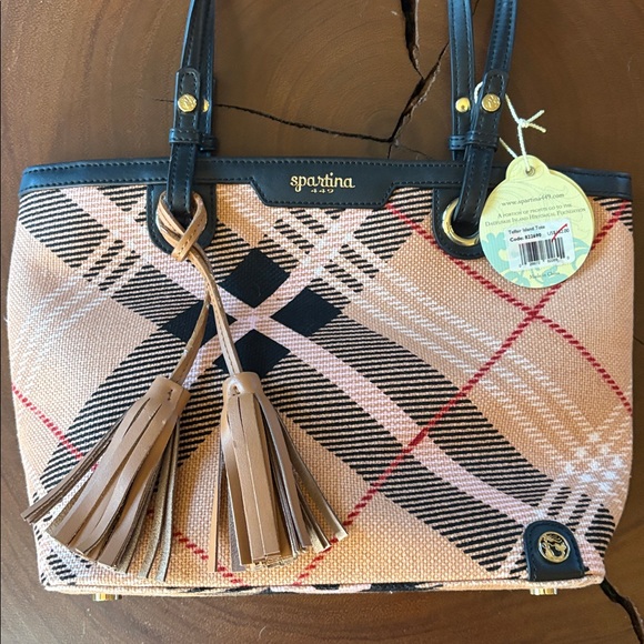 NWT Spartina 449 Telfair Island Tote Wallet Set Plaid Canvas Tassel Bag Coastal - Picture 4 of 11